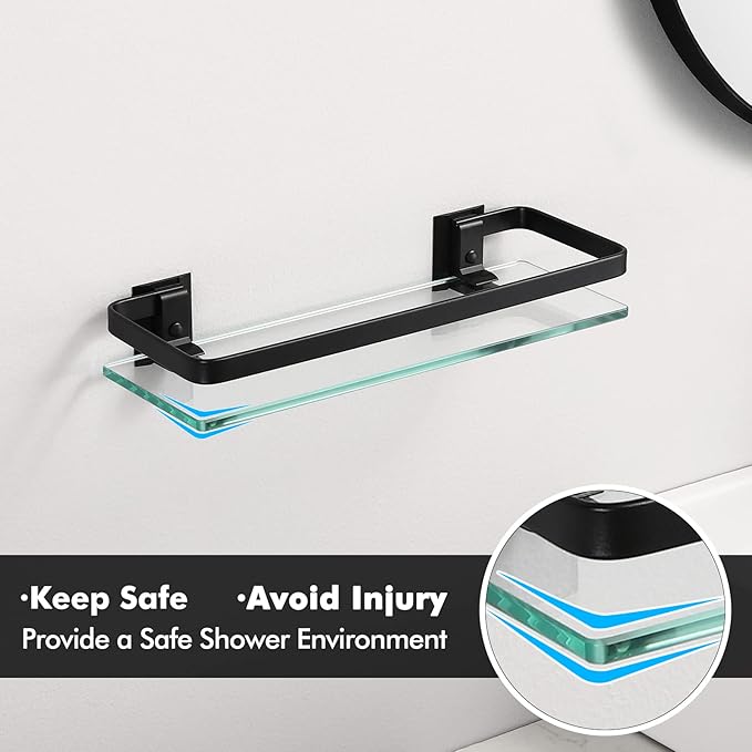 KES Bathroom Glass Shelf, Glass Floating Shelves Aluminum Black Extra Thick Tempered Rectangular 1 Tier Basket Wall Mounted, 2 Pack, A4126A-BK-P2