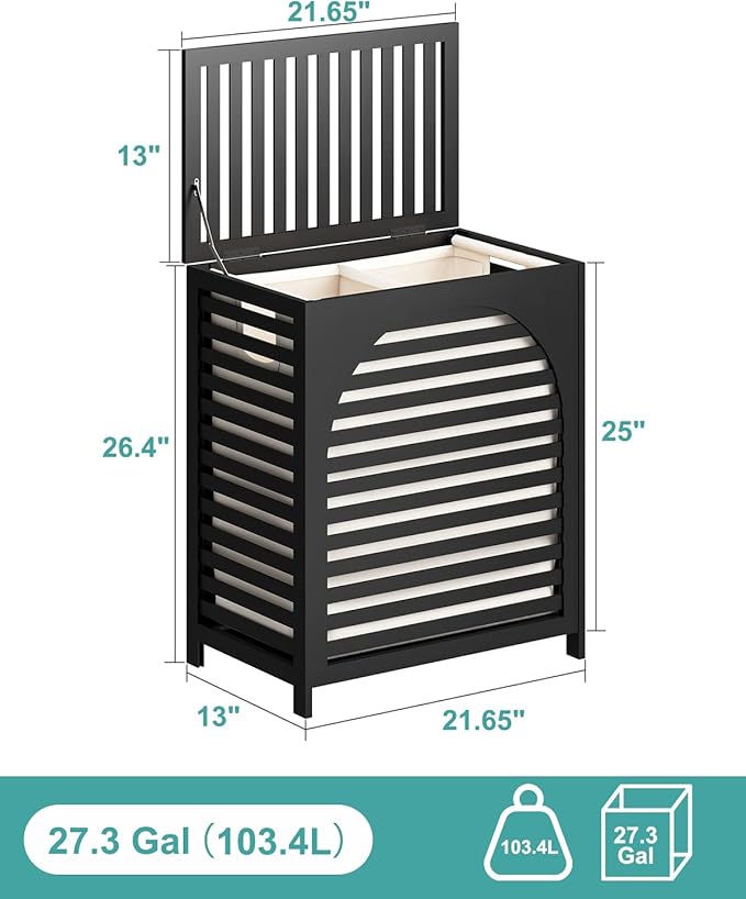 Black Laundry Hamper, Laundry Hamper with Lid, 27.3 Gallon (103L) Bamboo Wood Clothes Laundry Basket with Lid and Handles, Removable Liner