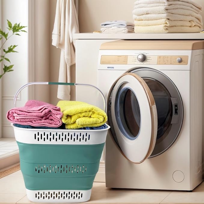 SAMMART 40L (10.5 Gallon) Collapsible Plastic Laundry Basket with Handles - Foldable Pop Up Storage Container/Organizer - Portable Laundry Hamper - Space Saving (2, White/Celadon Green)