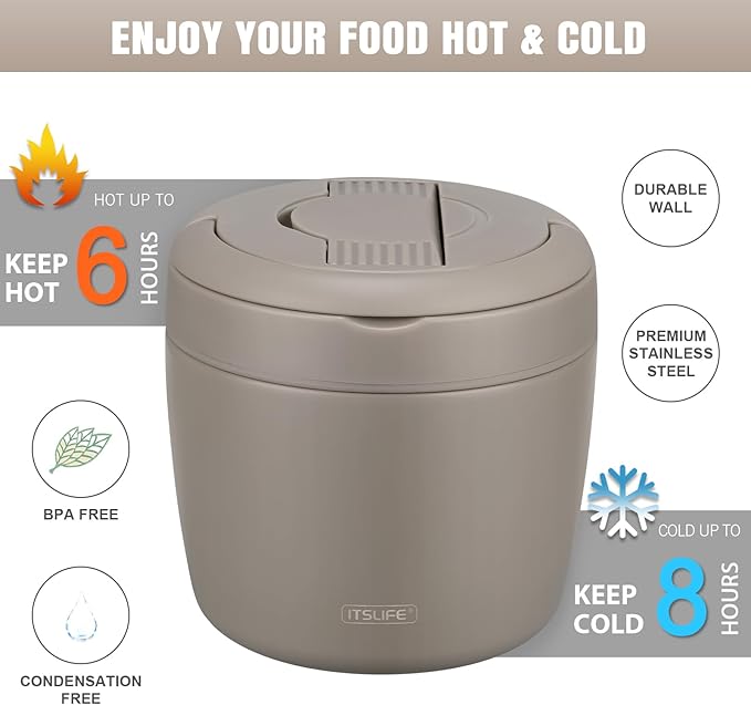 Itslife 32oz Insulated Soup Thermos, Vacuum Stainless Steel Food Jar for Hot & Cold Food, Leakproof Wide Mouth Lunch Container with Spoon, Khaki
