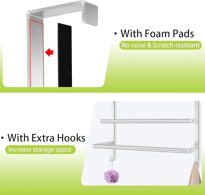 Over The Door Towel Rack, Over Door Towel Racks for Bathroom, Towel Rack with Hooks for Door Hanging, Towel Holder Over The Door Towel Bar 24Inch, Brushed Nickel