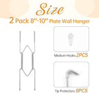 2 Pack Plate Hangers for The Wall, Suitable for 8-10 inch Art Plate, Stainless Steel Invisible Heavy Duty Wire Plate Holder with Wall Hooks, Plate Hangers for Displaying Plates, Platter, Dish, Silver