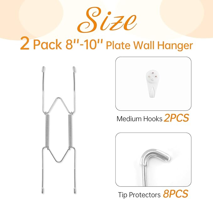 2 Pack Plate Hangers for The Wall, Suitable for 8-10 inch Art Plate, Stainless Steel Invisible Heavy Duty Wire Plate Holder with Wall Hooks, Plate Hangers for Displaying Plates, Platter, Dish, Silver