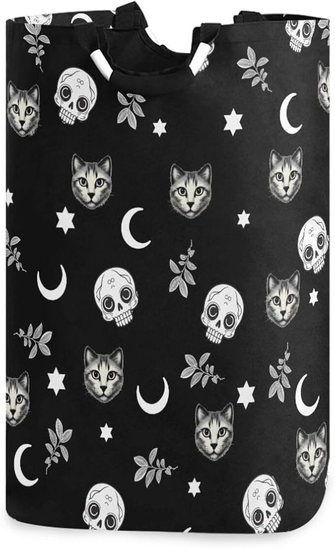 Gothic Moon Skull Cat Laundry Basket for College Dorm,50L Collapsible Portable Laundry Hamper Storage Basket for Toys Clothes Organizer