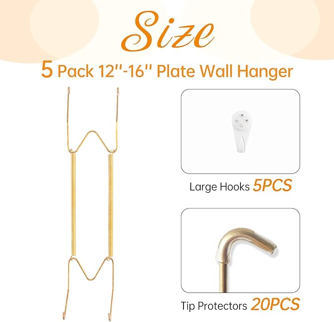 5 Pack Plate Hangers for The Wall, Suitable for 12-16 inch Art Plate, Stainless Steel Invisible Heavy Duty Wire Plate Holder with Wall Hooks, Plate Hangers for Displaying Plates, Platter, Dish, Gold