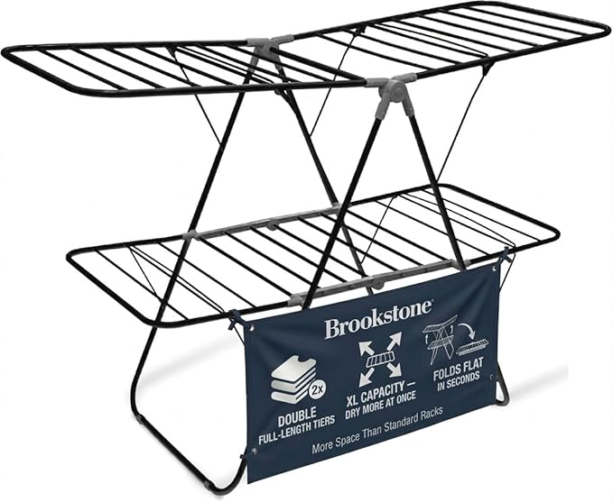 Brookstone 2 Tier Folding Rack - Indoor/Outdoor Collapsible Clothes Dryer Stand Laundry or Shoe Rack, Heavy Duty Freestanding Garment Hanger, Foldable, Clothing Drying Rack, Black