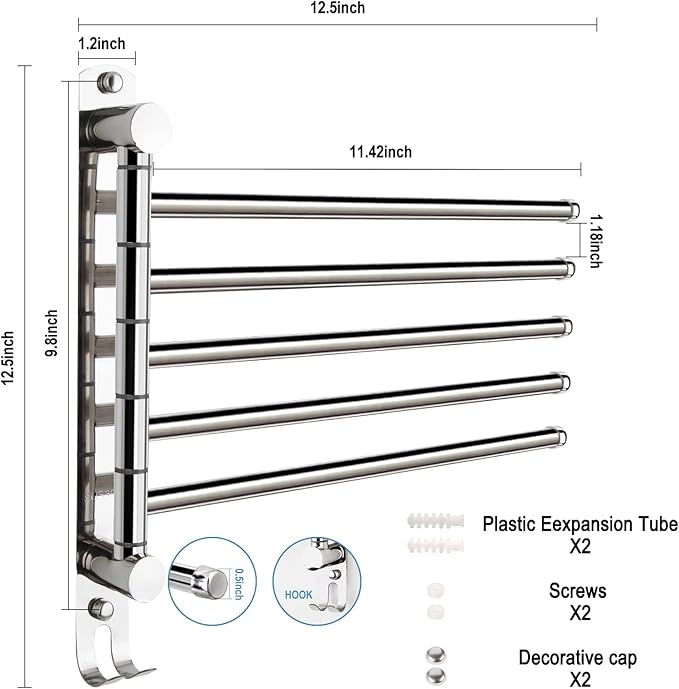 5 Arm Swivel Towel Bar - Heavy Duty SUS304 Stainless Steel Swing Towel Rack for Bathroom, 180° Rotation Wall Mount Towel Holder with Hook, Space-Saving Organizer for Kitchen, Laundry Room