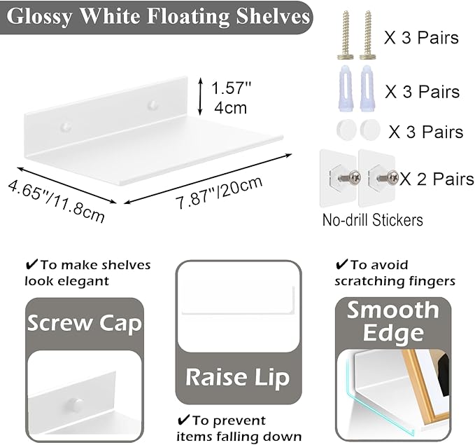 Z metnal Small Floating Shelves, No Drilling Mini Display Shelf for Phone Ceiling, Slim Narrow Lack Wall Shelf, Aluminum, Adhesive or Wall Mounted, White, 8 inch, 2 Pack