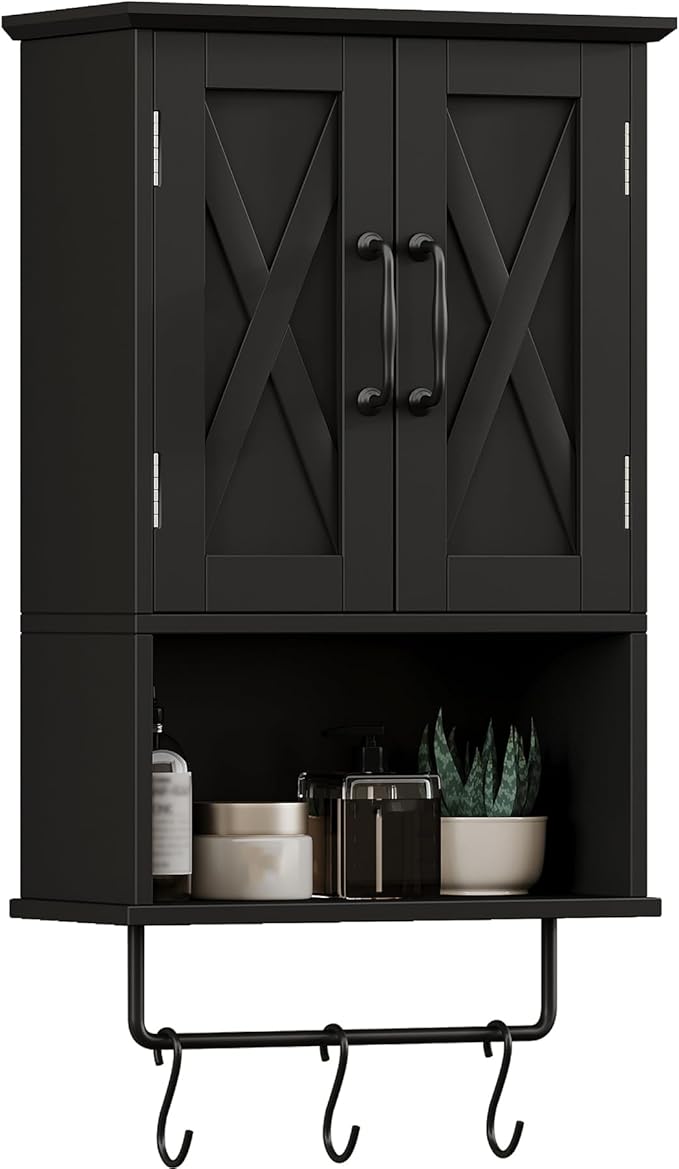 ChooChoo Farmhouse Medicine Cabinet, Bathroom Wall Cabinet with Adjustable Shelf, Towel Bar, 3 Hooks, Over The Toilet Storage Cabinet for Bathroom, Kitchen, 19.3''L, Black