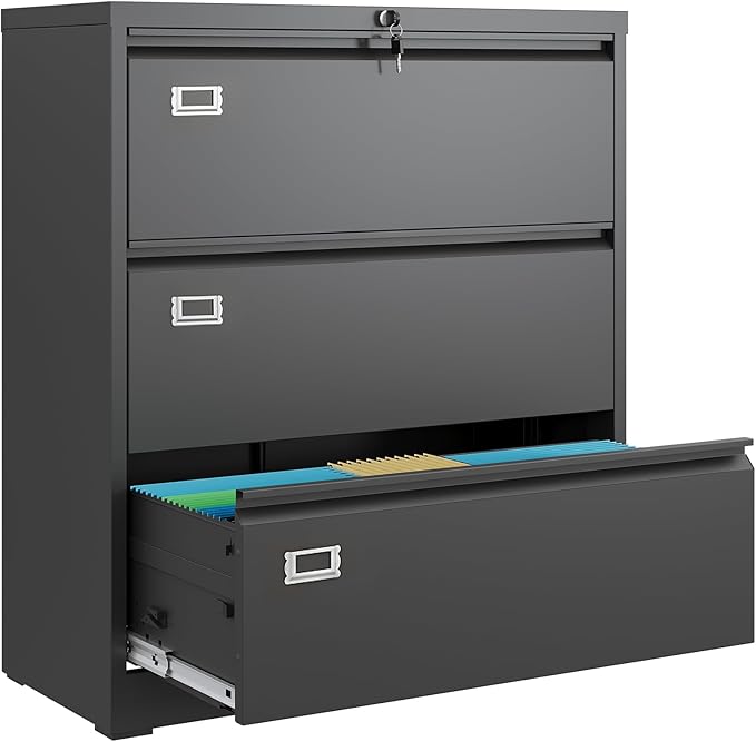 DEVAISE 3 Drawer Metal File Cabinet, Wide Lateral Filing Cabinet with Lock for Home Office Organization Hanging Files Letter/Legal/F4/A4 Size (Black, Assembly Required)