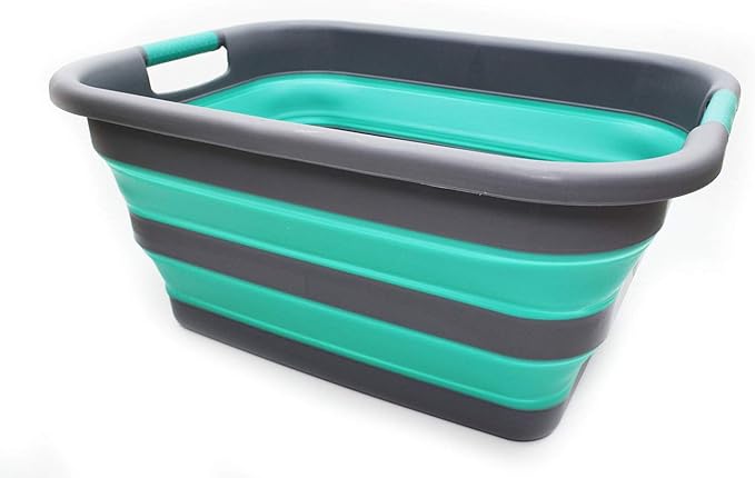 SAMMART 41L Collapsible Plastic Laundry Basket - Foldable Pop Up Storage Container/Organizer - Portable Washing Tub - Space Saving Hamper/Basket (1, Grey/Turquoise Blue)