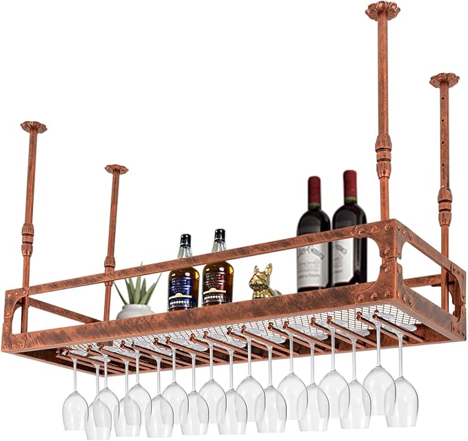 Industrial Wine Rack Ceiling Mounted, 110 lbs Heavy Duty, Adjustable Height, Holds 27 Glasses, Vintage Iron Floating Shelf for Kitchen, Bar, Restaurant (Copper-Colored)