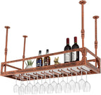 Industrial Wine Rack Ceiling Mounted, 110 lbs Heavy Duty, Adjustable Height, Holds 27 Glasses, Vintage Iron Floating Shelf for Kitchen, Bar, Restaurant (Copper-Colored)