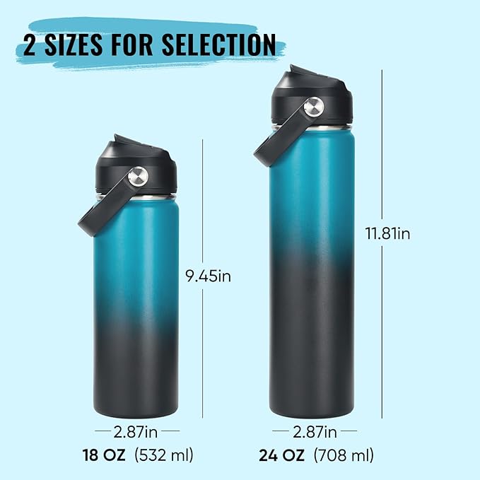 18oz Insulated Stainless Steel Water Bottle, Wide Mouth Double Wall Vacuum, Silicone Straw, Sweat & Leak Proof, BPA Free Insulated Water Flask for Travel, Keep Cold 24h Hot 12h, Blue