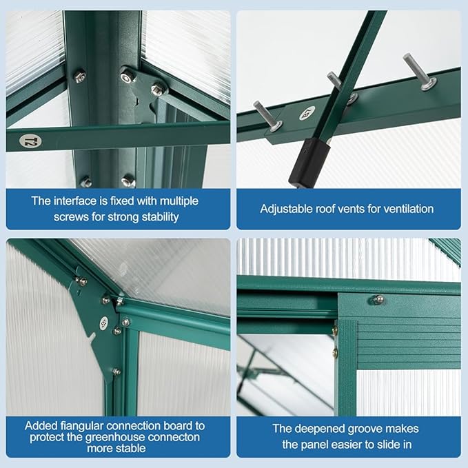Polycarbonate Greenhouse with Rain Gutter and Roof Vent, Raised Base and Anchor Aluminum Heavy Duty Walk-in Green House, Outdoor Patio Sunroom with Sliding Door (Green, 146.06*74.8*76.77in)