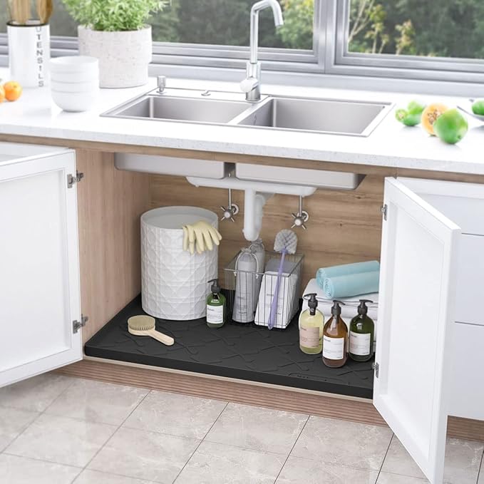 SIKADEER Waterproof Under Sink Mat 22x19, Raised Edge Silicone Mat Under Sink Shelf Liner, Sink Protector Kitchen Cabinet Tray for Bathroom Vanity and Small Cabinets, Cat Food Mat
