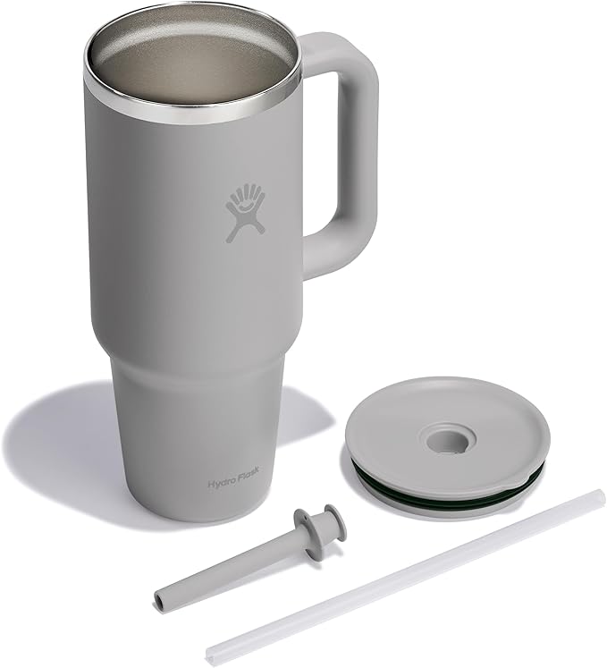 Hydro Flask Travel Tumbler with Handle, Lid and Straw - Insulated Stainless Steel in 40 Oz Tonal Birch Gray