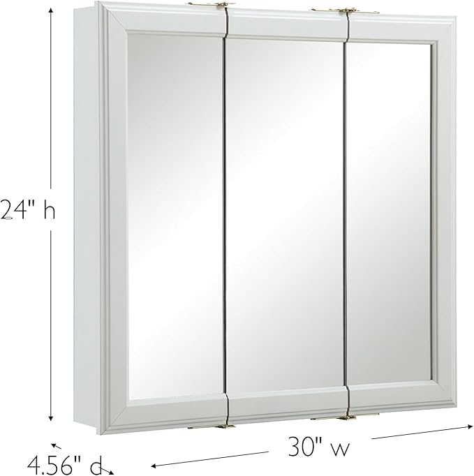 Design House Wyndham, 30 in W x 4.5 in D x 24 in H Bathroom Medicine Cabinet, Wall Mounted, 3 Mirror Doors, White, 535864-WHT