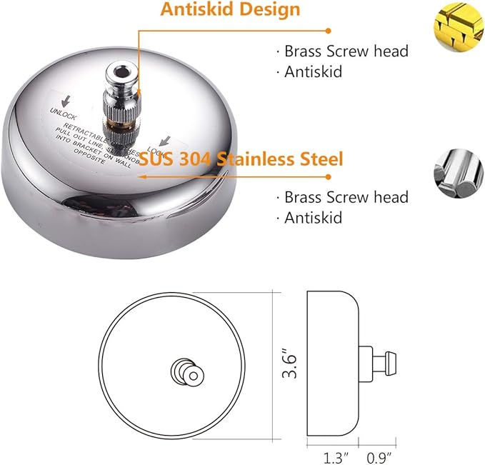 JOOM Retractable Clothesline Stainless Steel Heavy Duty 9Feet(MAX) for Hanging Drying in Bathroom Laundry Hotels, Chrome Finish,Round Style (Chrome B (Drill))