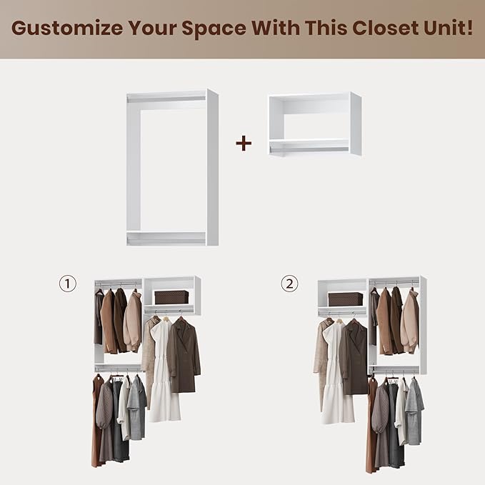 ROOMTEC Modular Closet System, 52" Wall-Mounted Closet Organizer with Hanging Rods, Wooden Tower for Walk-In Closets, Wardrobe Storage Kit, White