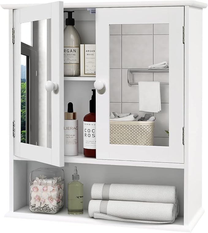 TaoHFE Medicine Cabinet, Medicine Cabinets for Bathroom with Mirror 2 Doors 3 Open Shelf, Bathroom Cabinet Wall Mounted Wooden Storage Over Toilet Laundry Room Kitchen