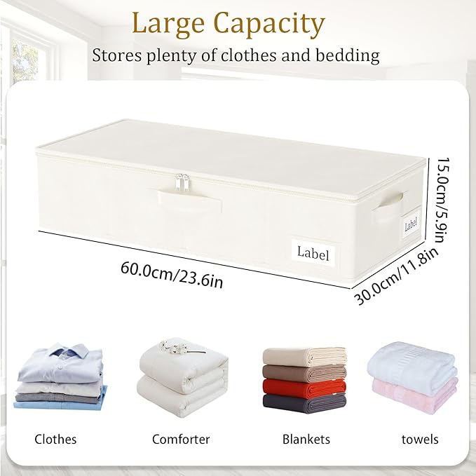 Yawinhe Underbed Bags, Storage Containers Bags with Lid, Foldable Blanket Bins, with Sturdy Zipper und Label Holders, for Clothing, 23.6''Lx11.8''Wx6''H, 2 Pack, Beige