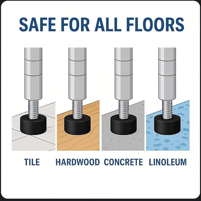 4-Pack Adjustable Feet for Wire Shelving Posts – Leveling Foot Set for Storage Racks – Threaded Base for Height Adjustment – Durable, Floor-Safe, Easy to Install Replacement Set