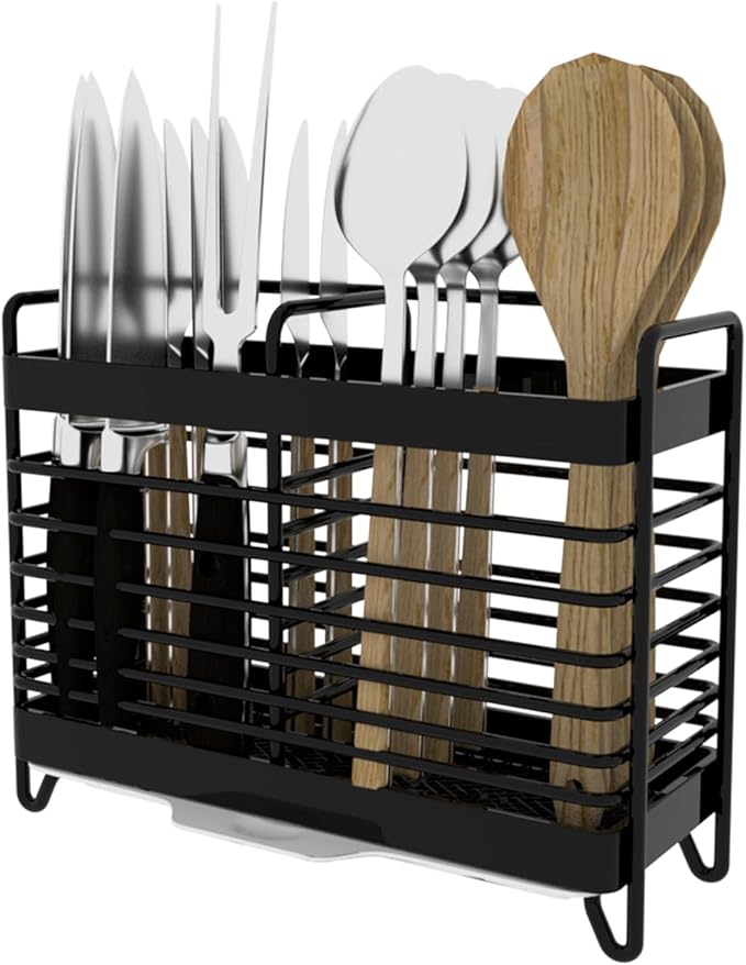 Kitchen Utensil Holder, Silverware Organizer Holder, Kitchen Counter Drainer Basket Cutlery for Flatware, Spoons, Forks, and Knives, Stainless Steel Utensil Drying Rack with Drain Tray (2 Cells)