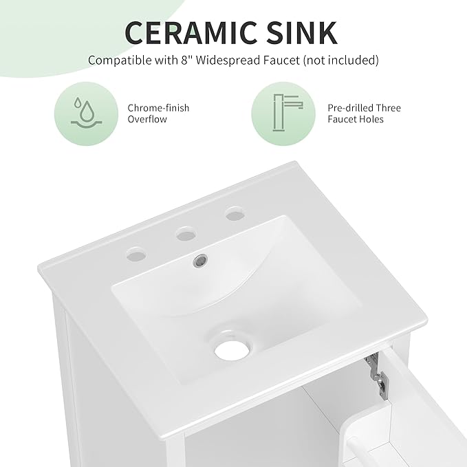 20 in Small Bathroom Vanity with Sink,Solid Wood Modern Single Bathroom Sink Cabinet with Soft Closing Door and Drawer,Freestanding White