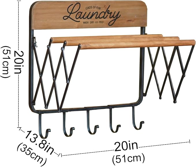 SOFFEE DESIGN Accordion Laundry Rack, Retractable Wall Mounted Racks, 3 Bars & 5 Hooks for Drying Rack Hanging Towels Clothes Save Space Perfect for Laundry Room, Bathroom, Mudroom, Wall Decor