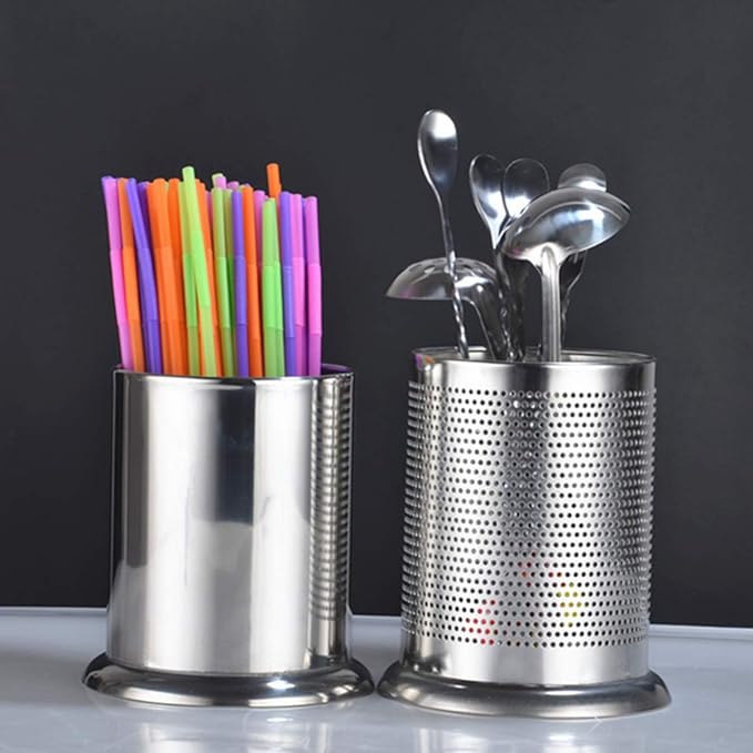 Kichvoe Stainless Steel Utensil Holder with Drain Holes for Kitchen Countertop Flatware Organizer Chopstick Tube Easy Clean 5.9X5.9X6.7 Inch