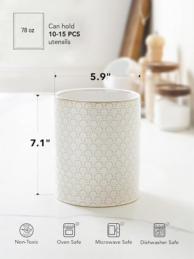 LE TAUCI Utensil Holder, 7.1" Ceramic Kitchen Utensil Holder for Counter top, Embossed Cooking Utensil Organizer for Spatula & Spoon, Kitchen Decor, Set of 1, Arctic White,Fireworks