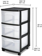 Sterilite 8 Pack Plastic Storage Organizer, 3 Drawer Rolling Bin Cart, Closet Organization, Black
