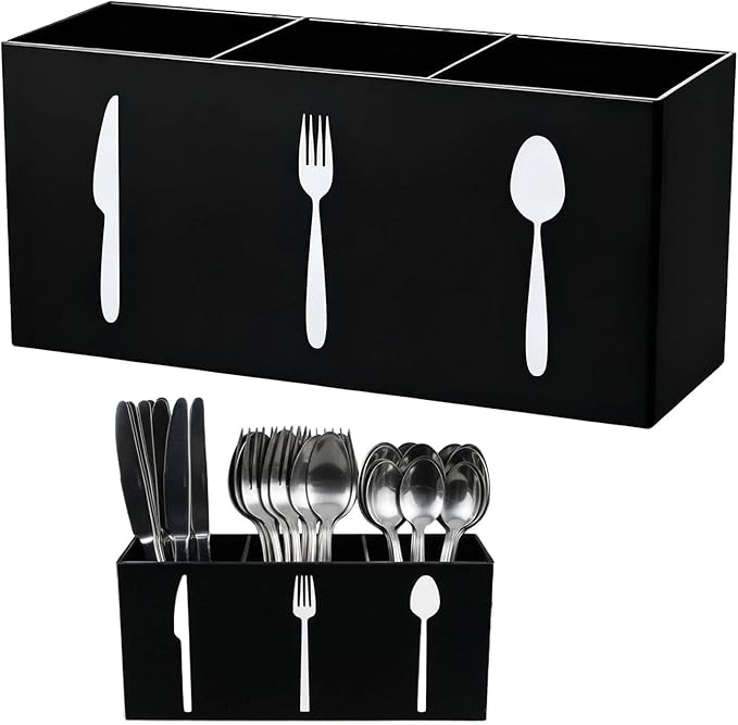 Utensil Holder,Kitchen Countertop Organizer,Silverware Organizer,3 Compartments Silverware Caddy,Plastic Utensil Holder, Large Capacity Cutlery, Spoon, Fork, and Knife Rack（Black）