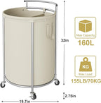 Chrislley 160L Double Laundry Hamper with Wheels, Rolling Laundry Basket with Removable Bag,Round Iron Laundry Cart with Steel Frame and Handle, Dirty Clothes Hamper Organizer for Dorm,Hoom(Beige)