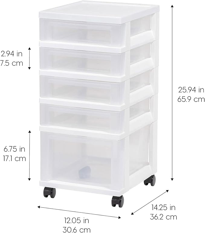 IRIS USA Plastic Drawer Storage Organizer Rolling Cart, 2-Pack, with Wheels Casters, 3-Drawers, for Classroom Art Craft Supplies Dresser Closet Bathroom Laundry Room, White/Clear