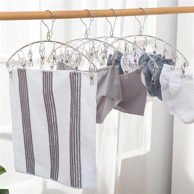 Stainless Steel Laundry Drying Rack Clothes Hanger with Windproof Hook,Underwear Hanger,Clothes Hangers with 8 Clips for Drying Socks,Diapers,Baby Clothes(2 Pack)