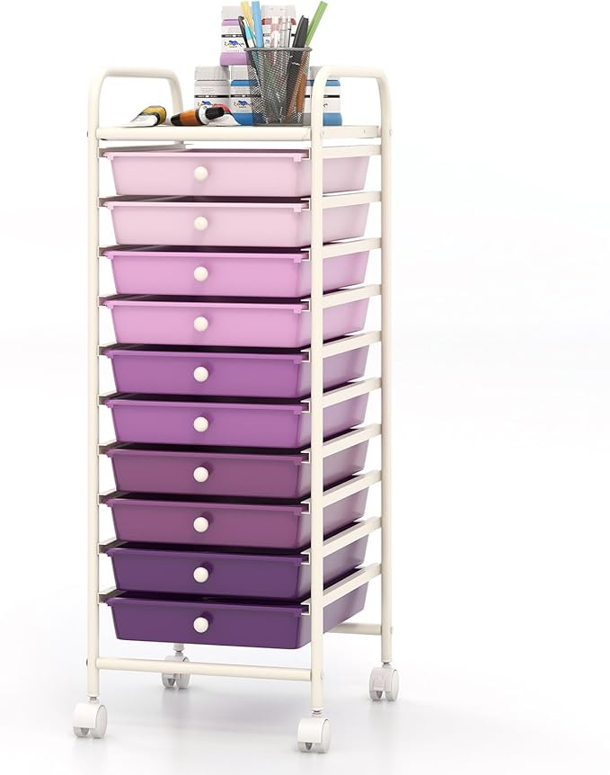 COSTWAY 10-Drawer Rolling Storage Cart, Utility Mobile Trolley with Removable Drawers & Universal Casters & 2 Brakes, Versatile Flexible Drawer Organizer Cart for Home, Office, Purple Gradient