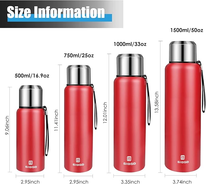 Insulated vacuum Thermo Bottle 1000ml/33.8oz with cup Stainless steel coffee bottles for hot and cold drink water flask.(Red,1000ml)