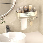 Onemake Aluminum Shower Caddy Suction Cup, No Drilling Bathroom Shower Shelf, Corner Shower Caddy with 6 Portable Hooks, Removable Bath Organizer with Towel Bar for Bathroom Storage(Cream White)