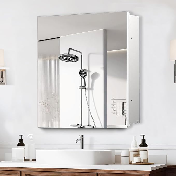 28x28 inch Medicine Cabinet Mirror with Storage, Aluminum Surface Mount or Recessed Medicine Cabinet with Adjustable Shelves for Bathroom Bedroom