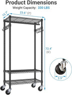 VIPEK R3 Medium Rolling Clothes Racks with Lockable Wheels, Heavy Duty Garment Rack with Adjustable Shelves & Hanging Rod & Side Hooks, Compact Space-Saving Storage for Small Apartments/Dorms (Black)