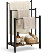 Free Standing Towel Rack, 3 Tier Freestanding Towel Stand with Storage Shelf, Metal Blanket Rack Stand for Bathroom, Bedroom, Living Room, Rustic Brown
