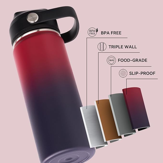 24oz Insulated Stainless Steel Water Bottle, Wide Mouth Double Wall Vacuum, Silicone Straw, Sweat & Leak Proof, BPA Free Insulated Water Flask for Travel, Keep Cold 24h Hot 12h, Red
