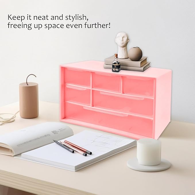 Mini Desk Drawer Organizer with 6 Clear Drawers - 7" x 3.9" x 4.7" Small Plastic Storage Box for Office, Classroom, Crafts, and Home Desktop Organization