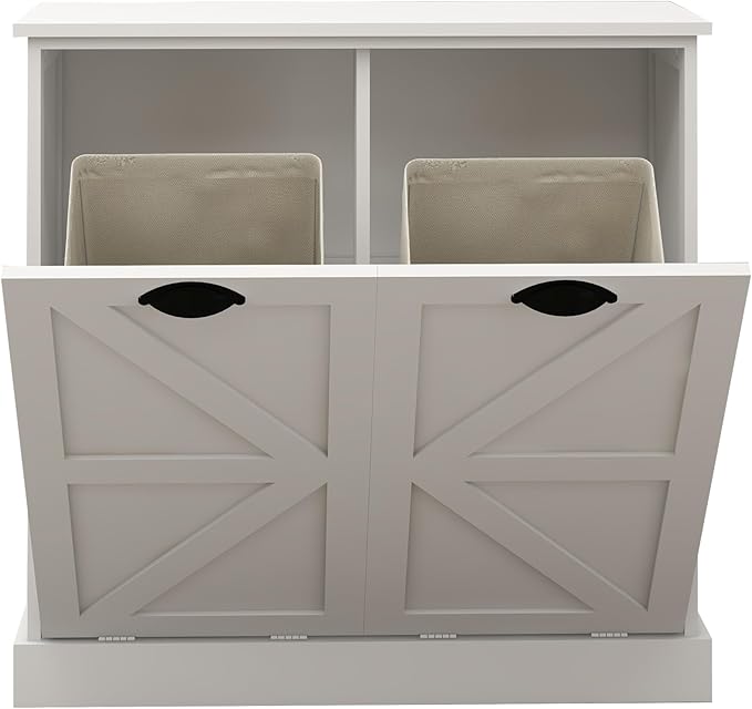 Two-Compartment Tilt-Out Laundry Sorter Cabinet,Bathroom Storage Organize Cabinet with 2 Removable Hamper Clothes Basket (White-A)
