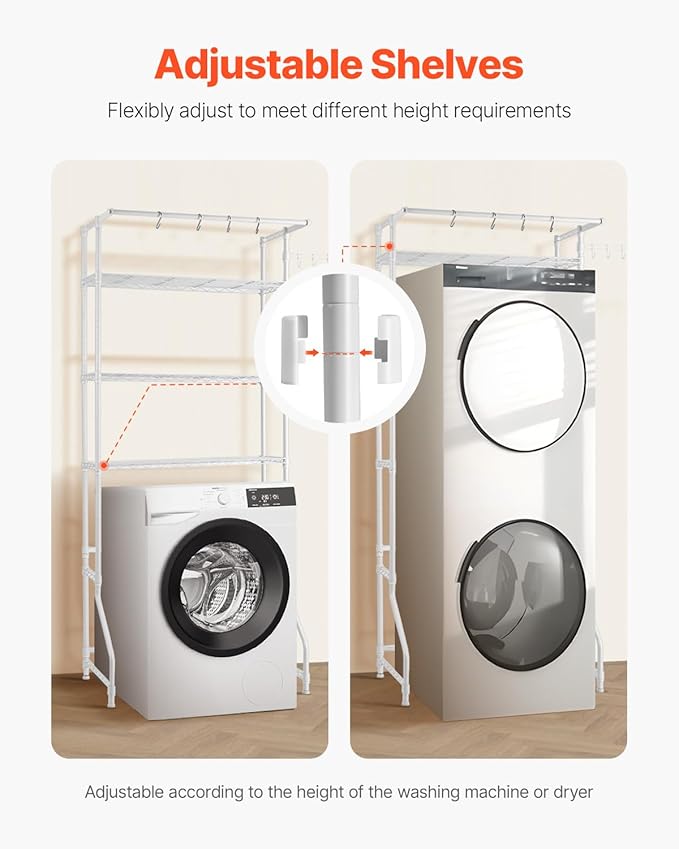 VEVOR Over The Washer and Dryer Storage Shelf, 3 Tier Laundry Room Drying Rack with Hanger Rod and Hooks, Adjustable Over Washer and Dryer Shelves, Laundry Room Shelf Storage Space Saver, White