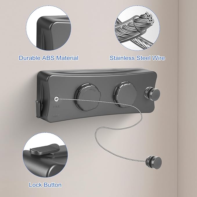 17Ft Retractable Clothesline Indoor/Outdoor, Comes with 30 clothespins, Anti-Sag for Drying Clothes line retracting Indoor/Outdoor, Dual-Line with Each Line 17Ft Long Laundry line Retractable