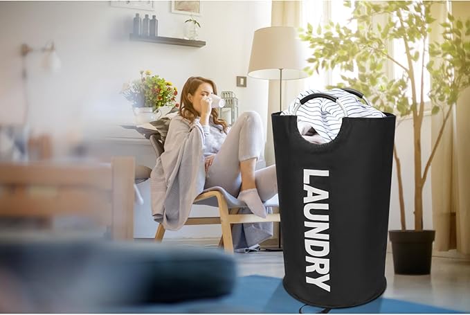90L Large Laundry Basket, Freestanding Tall Clothes Hamper, Collapsible Laundry Bag, Black