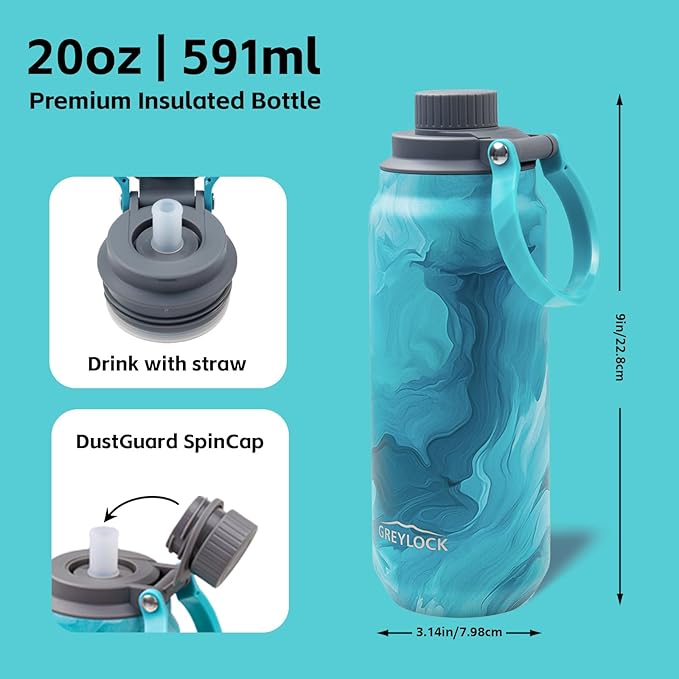 Greylock 20 oz Insulated Water Bottle with Straw Lid, Reusable Stainless Steel Sports Water Bottles with Foldable Handle, Leak Proof, Double-Wall Vacuum Insulation, 24 Hours Cold (Tides)